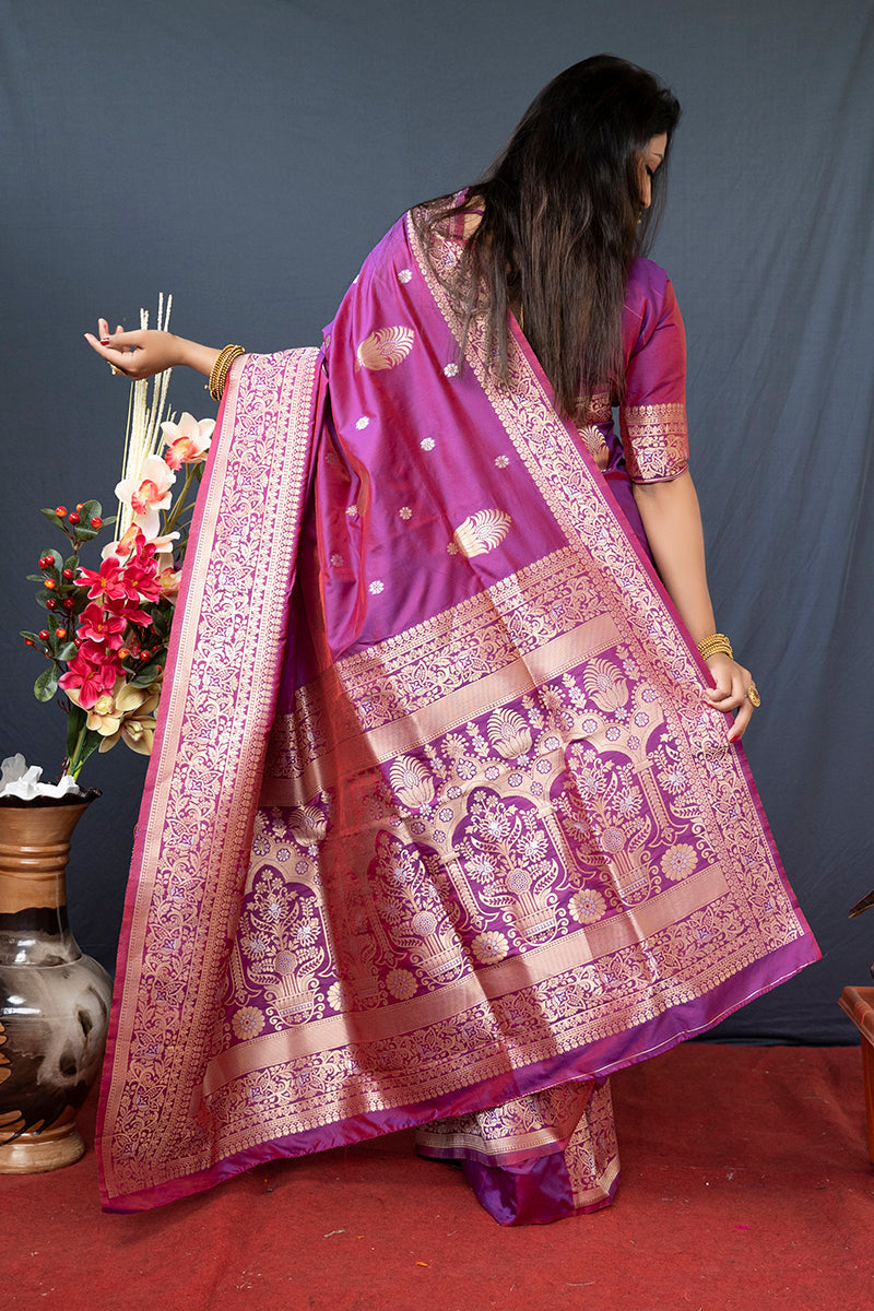 Monjolika Fashion Dark Magenta Banarasi Silk Blend Saree with Zari Weaving
