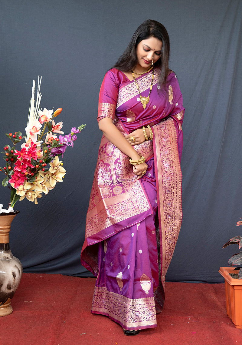 Monjolika Fashion Dark Magenta Banarasi Silk Blend Saree with Zari Weaving