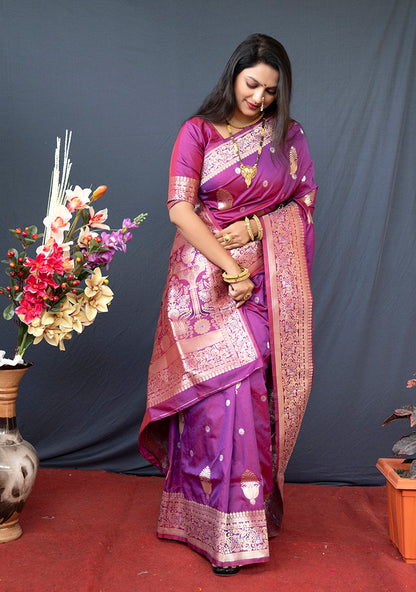 Monjolika Fashion Dark Magenta Banarasi Silk Blend Saree with Zari Weaving