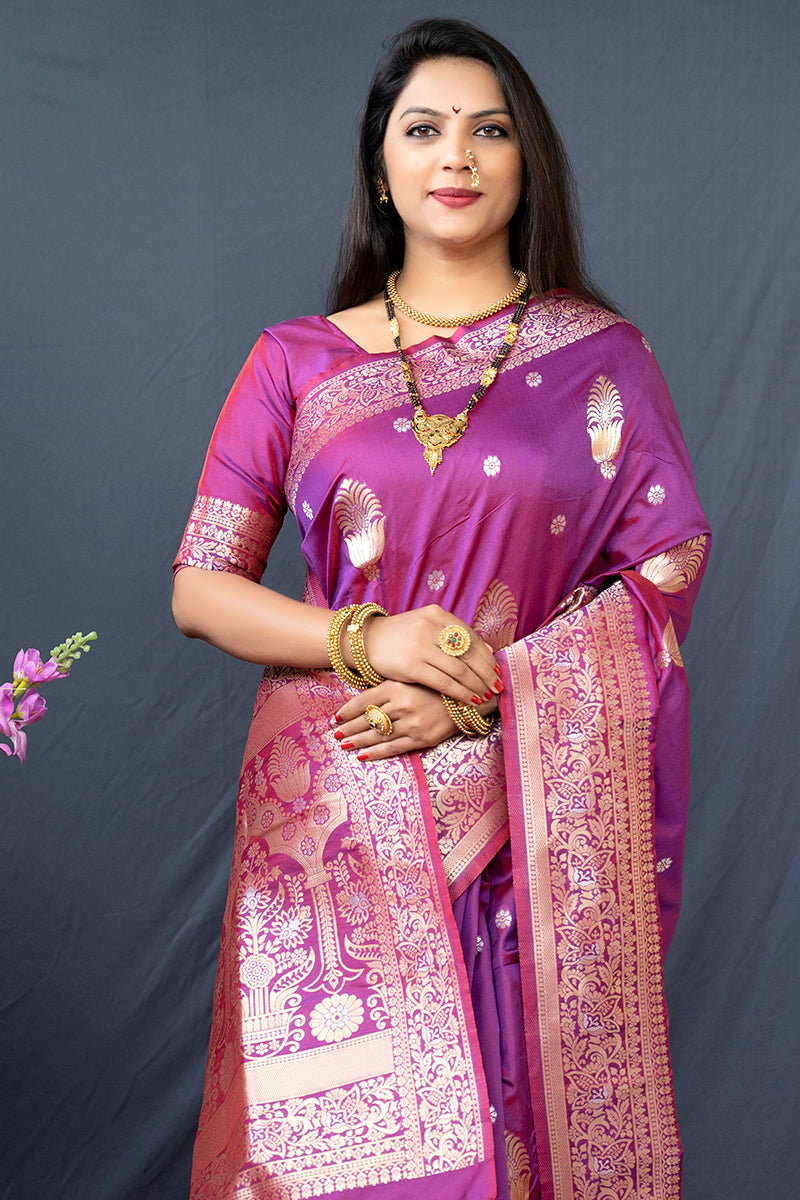 Monjolika Fashion Dark Magenta Banarasi Silk Blend Saree with Zari Weaving