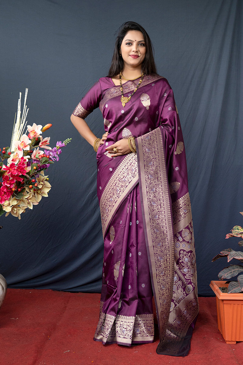 Monjolika Fashion Wine Banarasi Silk Blend Saree with Zari Weaving