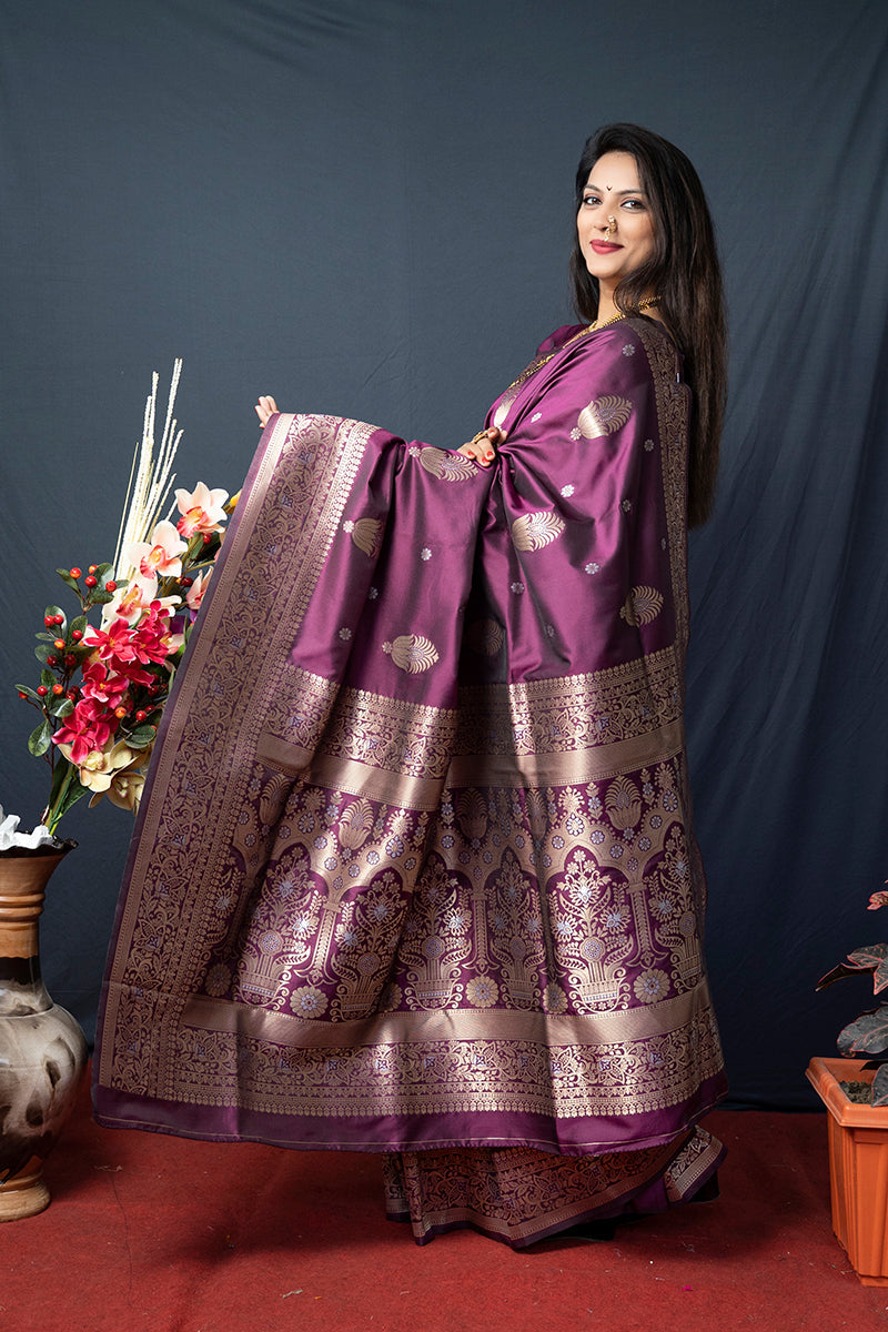 Monjolika Fashion Wine Banarasi Silk Blend Saree with Zari Weaving
