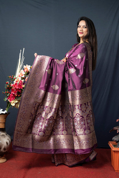 Monjolika Fashion Wine Banarasi Silk Blend Saree with Zari Weaving