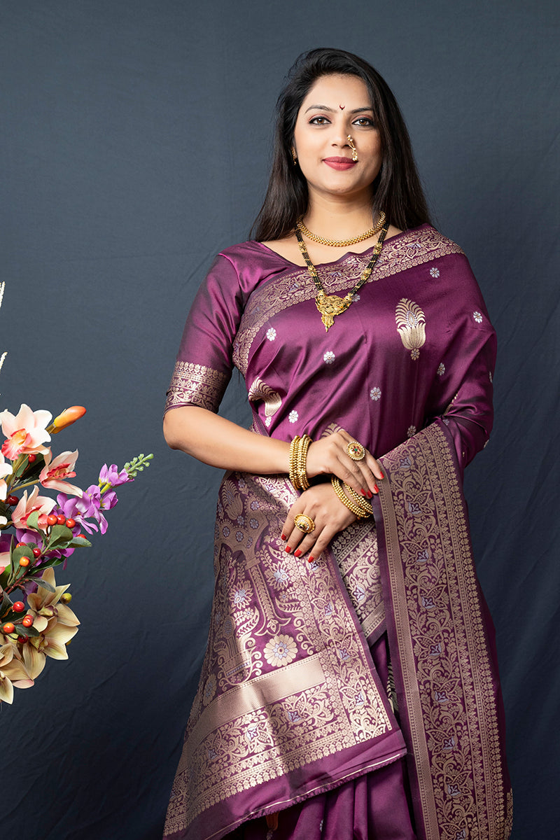 Monjolika Fashion Wine Banarasi Silk Blend Saree with Zari Weaving