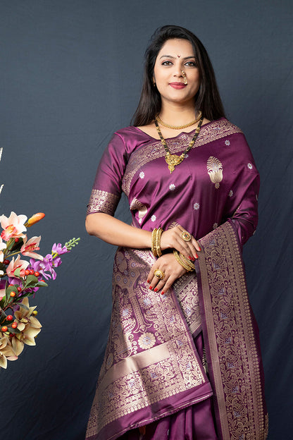 Monjolika Fashion Wine Banarasi Silk Blend Saree with Zari Weaving