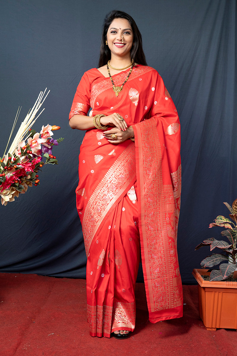 Monjolika Fashion Red Banarasi Silk Blend Saree with Zari Weaving