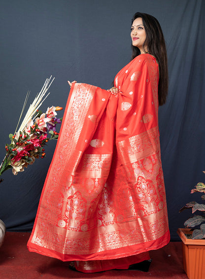 Monjolika Fashion Red Banarasi Silk Blend Saree with Zari Weaving