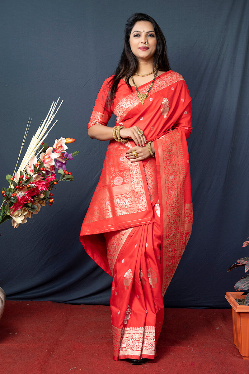 Monjolika Fashion Red Banarasi Silk Blend Saree with Zari Weaving