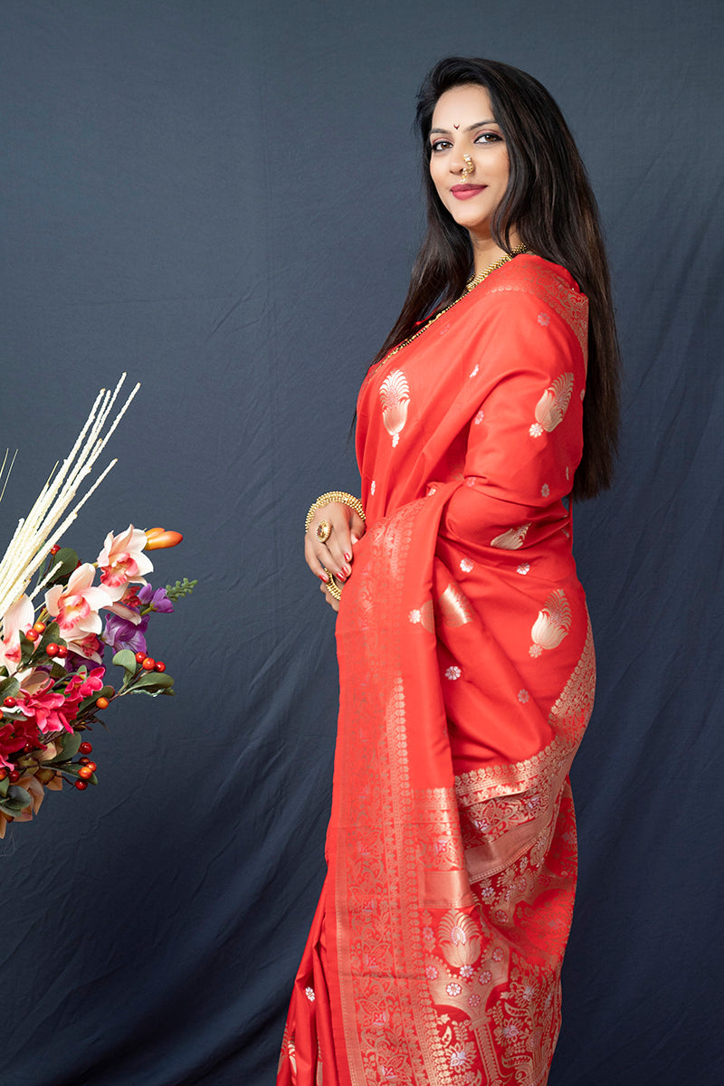Monjolika Fashion Red Banarasi Silk Blend Saree with Zari Weaving