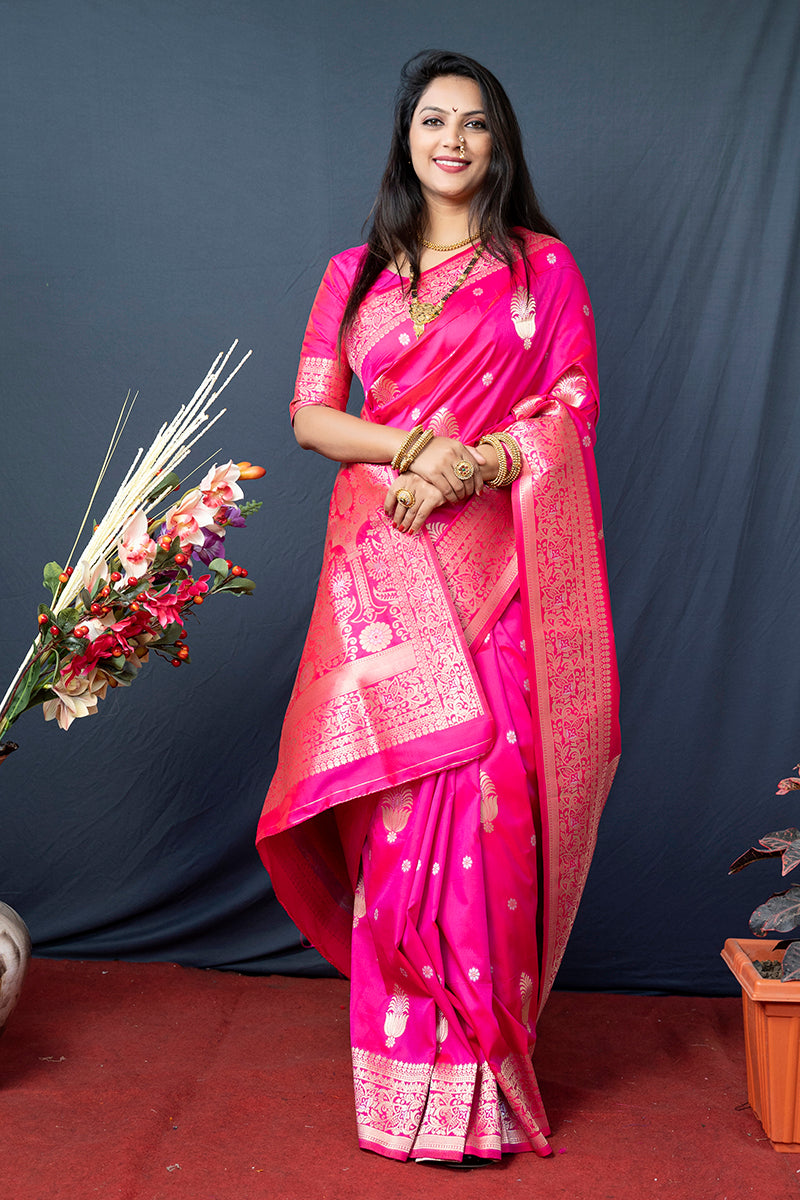 Monjolika Fashion Hot Pink Banarasi Silk Blend Saree with Zari Weaving