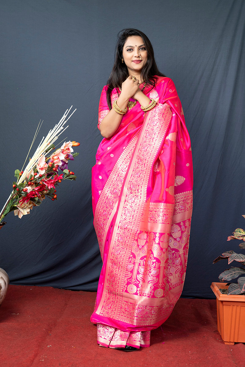 Monjolika Fashion Hot Pink Banarasi Silk Blend Saree with Zari Weaving