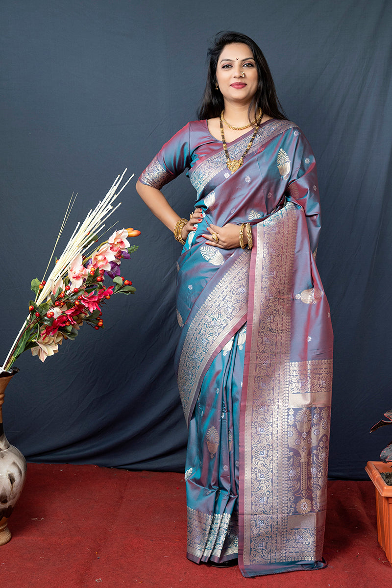 Monjolika Fashion Grey Banarasi Silk Blend Saree with Zari Weaving
