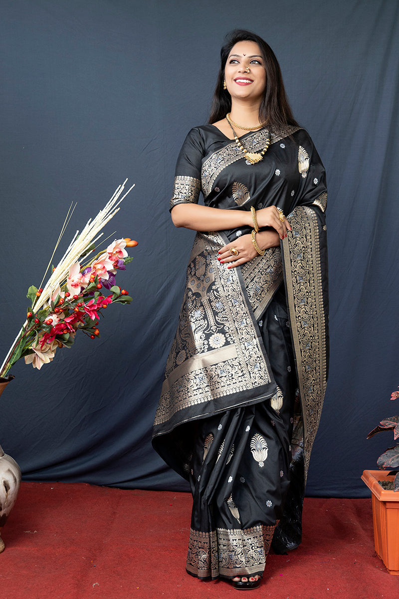 Monjolika Fashion Black Banarasi Silk Blend Saree with Zari Weaving