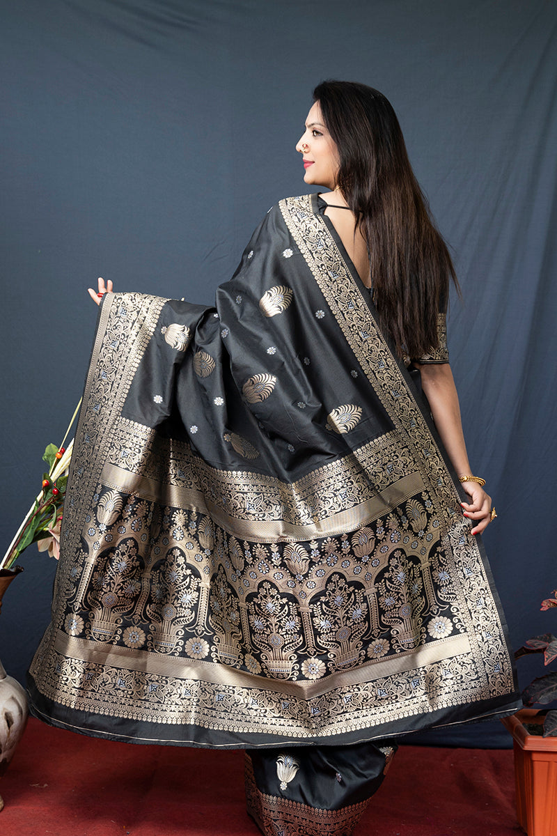 Monjolika Fashion Black Banarasi Silk Blend Saree with Zari Weaving
