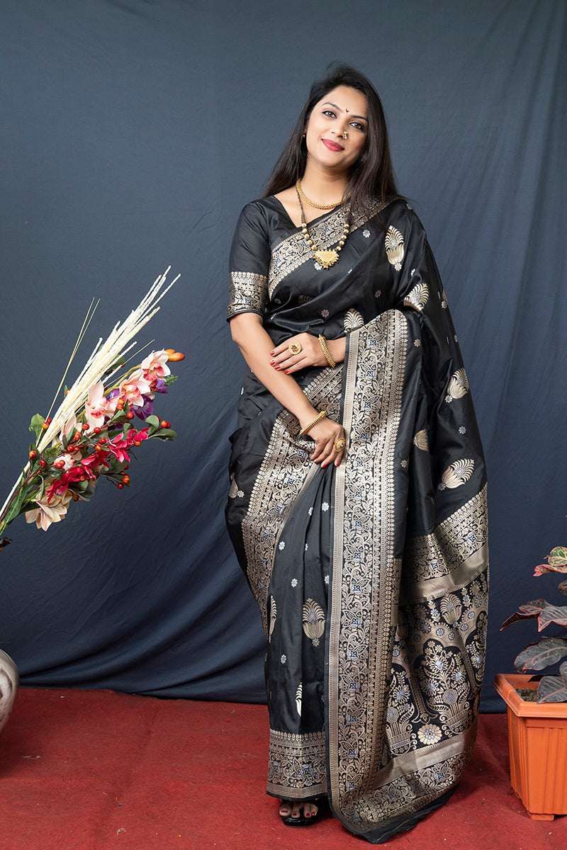 Monjolika Fashion Black Banarasi Silk Blend Saree with Zari Weaving