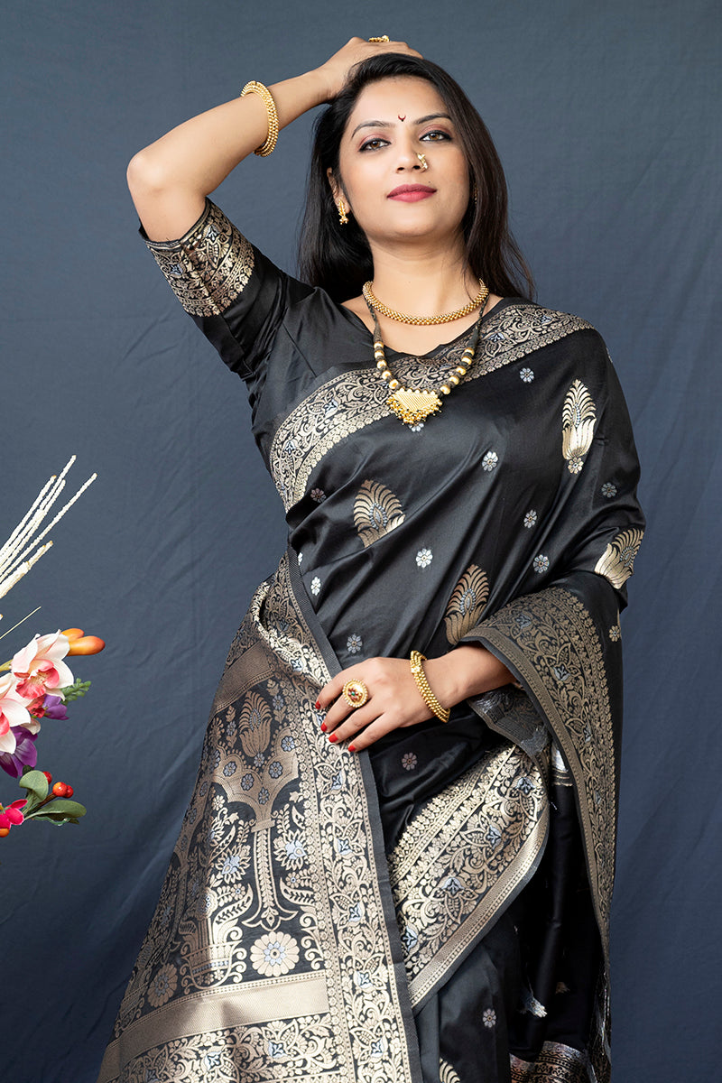 Monjolika Fashion Black Banarasi Silk Blend Saree with Zari Weaving
