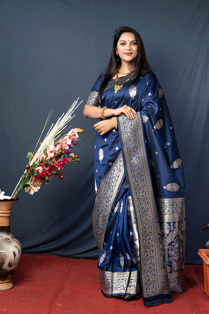Monjolika Fashion Navy Blue Banarasi Silk Blend Saree with Zari Weaving