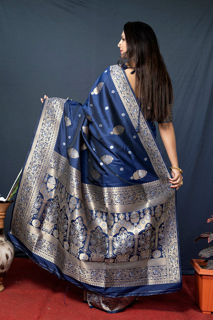 Monjolika Fashion Navy Blue Banarasi Silk Blend Saree with Zari Weaving