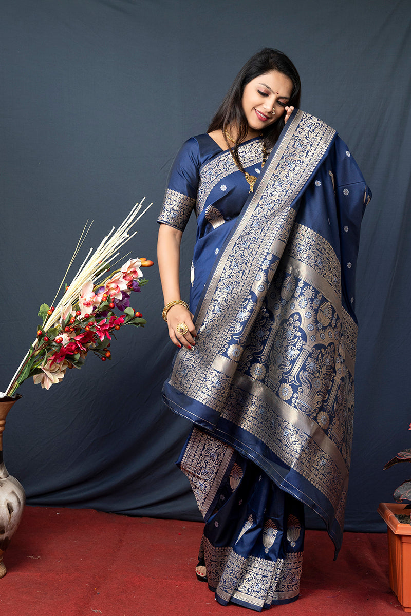 Monjolika Fashion Navy Blue Banarasi Silk Blend Saree with Zari Weaving