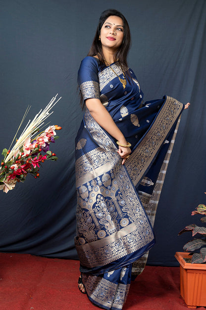 Monjolika Fashion Navy Blue Banarasi Silk Blend Saree with Zari Weaving