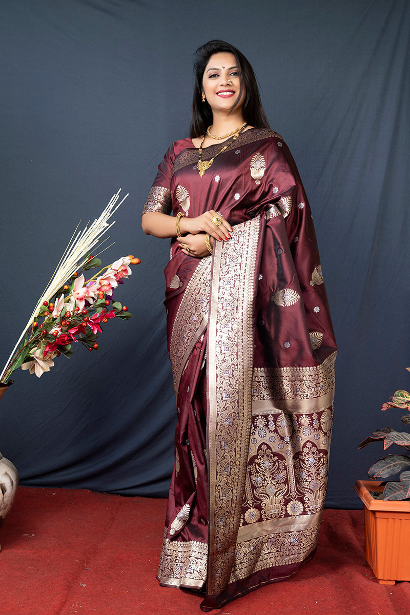 Monjolika Fashion Maroon Banarasi Silk Blend Saree with Zari Weaving