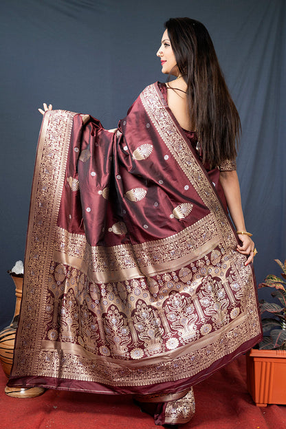 Monjolika Fashion Maroon Banarasi Silk Blend Saree with Zari Weaving