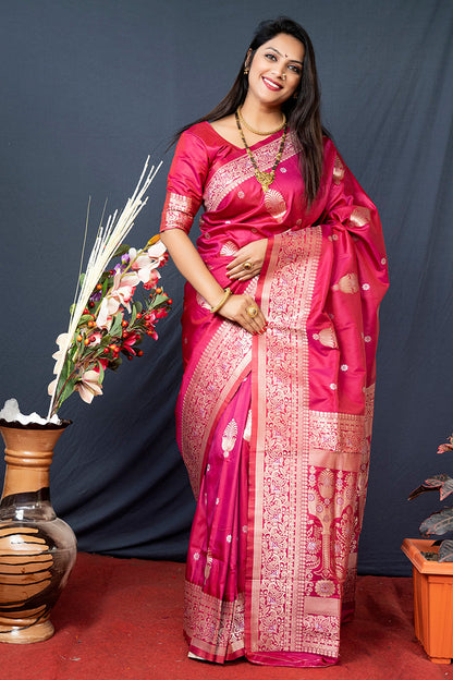 Monjolika Fashion Rani Pink Banarasi Silk Blend Saree with Zari Weaving
