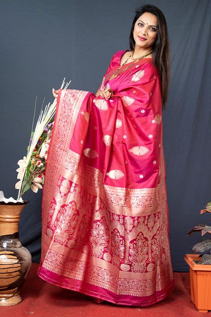 Monjolika Fashion Rani Pink Banarasi Silk Blend Saree with Zari Weaving