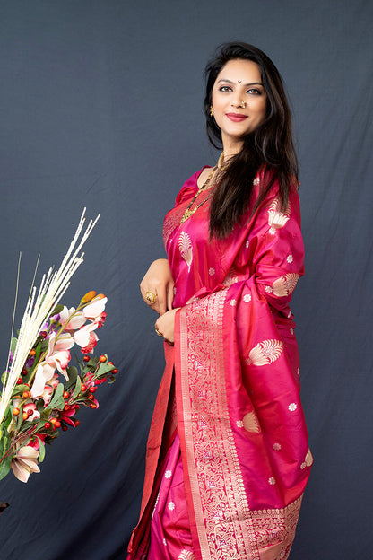 Monjolika Fashion Rani Pink Banarasi Silk Blend Saree with Zari Weaving