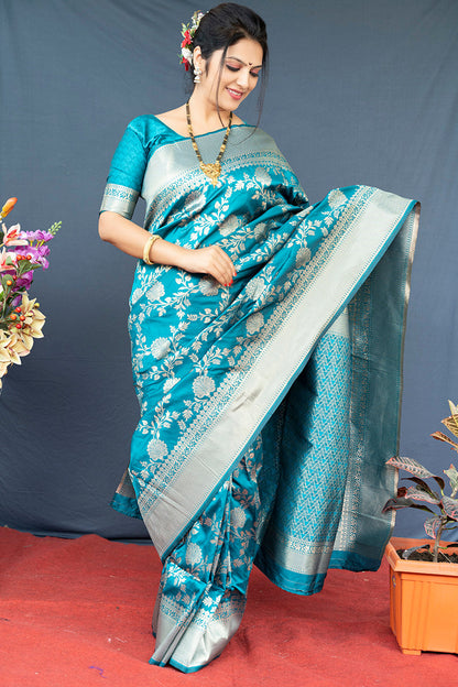 Monjolika Fashion Aqua Blue Banarasi Silk Blend Saree With Floral Zari Weaving