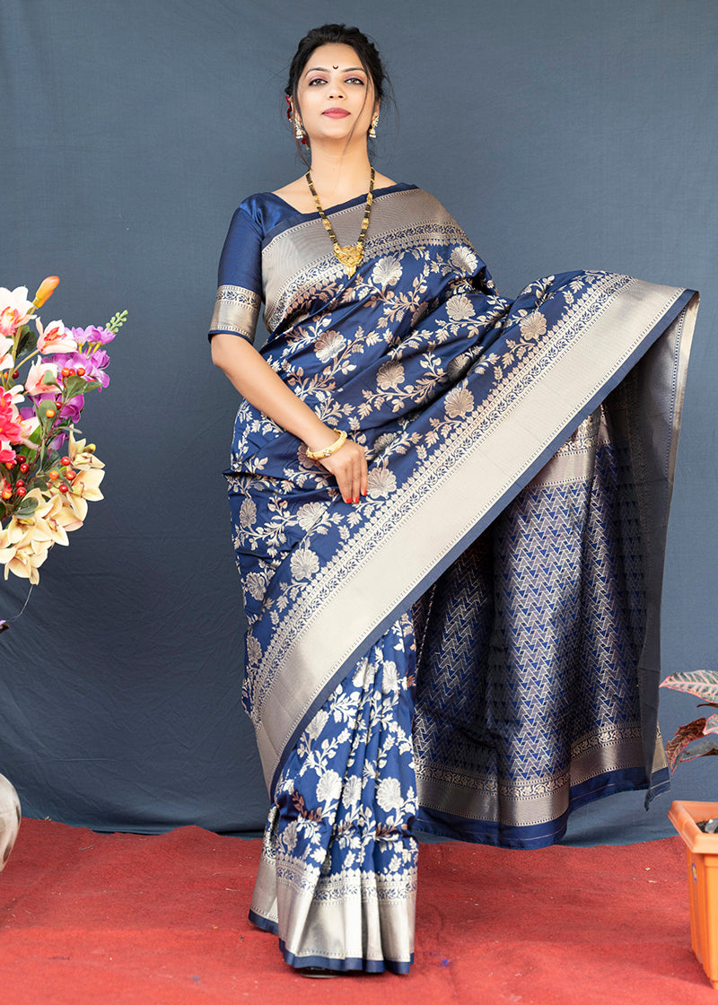 Monjolika Fashion Navy Blue Banarasi Silk Blend Saree With Floral Zari Weaving