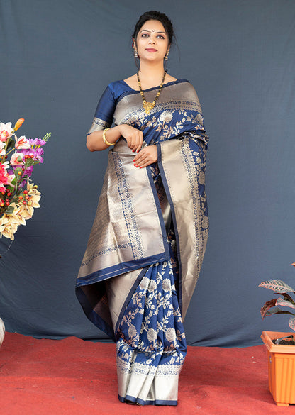 Monjolika Fashion Navy Blue Banarasi Silk Blend Saree With Floral Zari Weaving