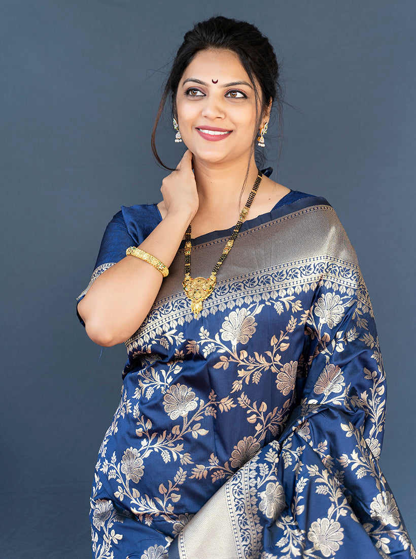 Monjolika Fashion Navy Blue Banarasi Silk Blend Saree With Floral Zari Weaving
