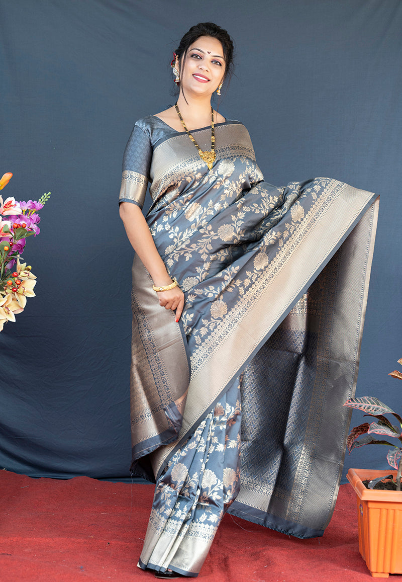 Monjolika Fashion Grey Banarasi Silk Blend Saree With Floral Zari Weaving