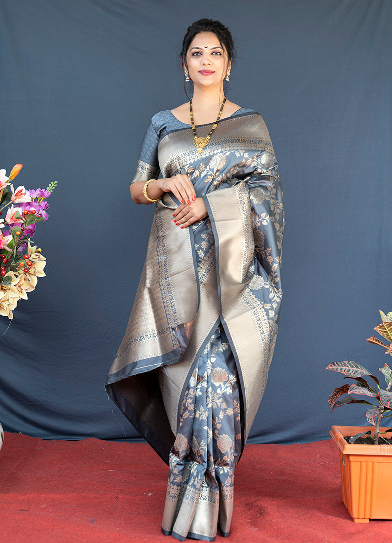 Monjolika Fashion Grey Banarasi Silk Blend Saree With Floral Zari Weaving