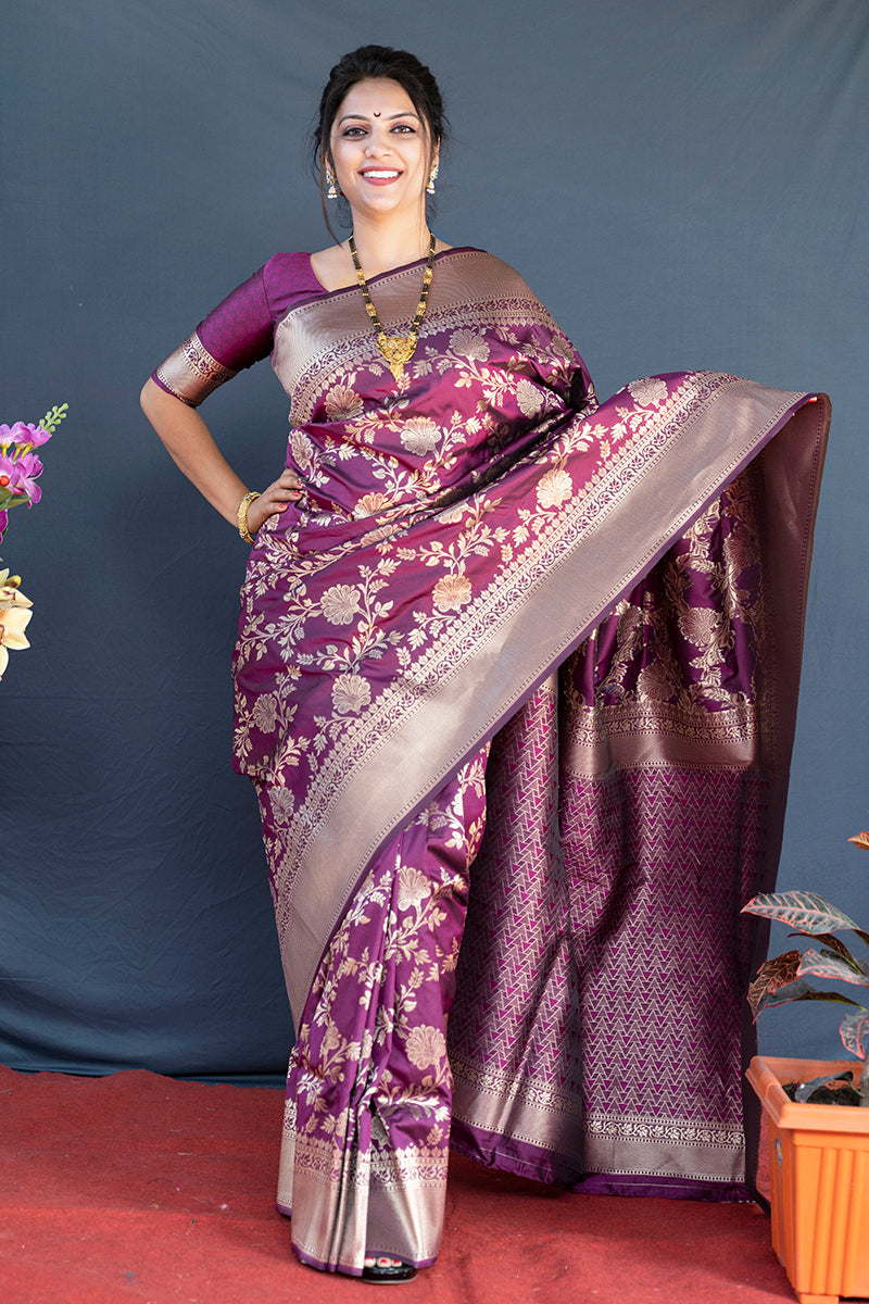 Monjolika Fashion Wine Banarasi Silk Blend Saree With Floral Zari Weaving