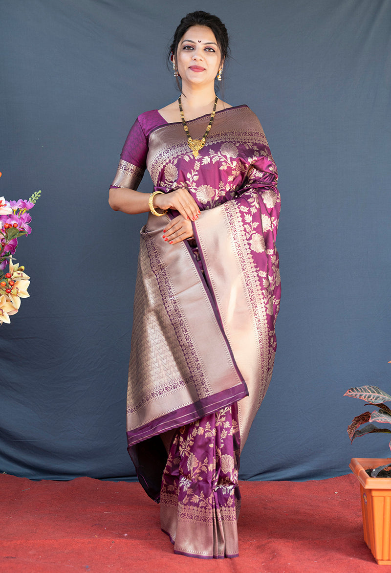 Monjolika Fashion Wine Banarasi Silk Blend Saree With Floral Zari Weaving