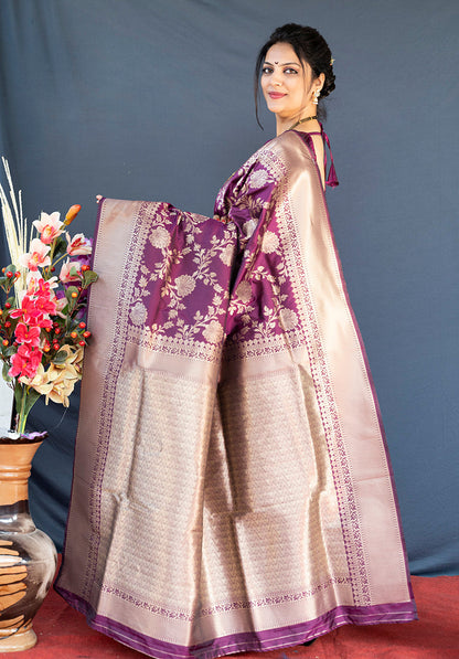 Monjolika Fashion Wine Banarasi Silk Blend Saree With Floral Zari Weaving