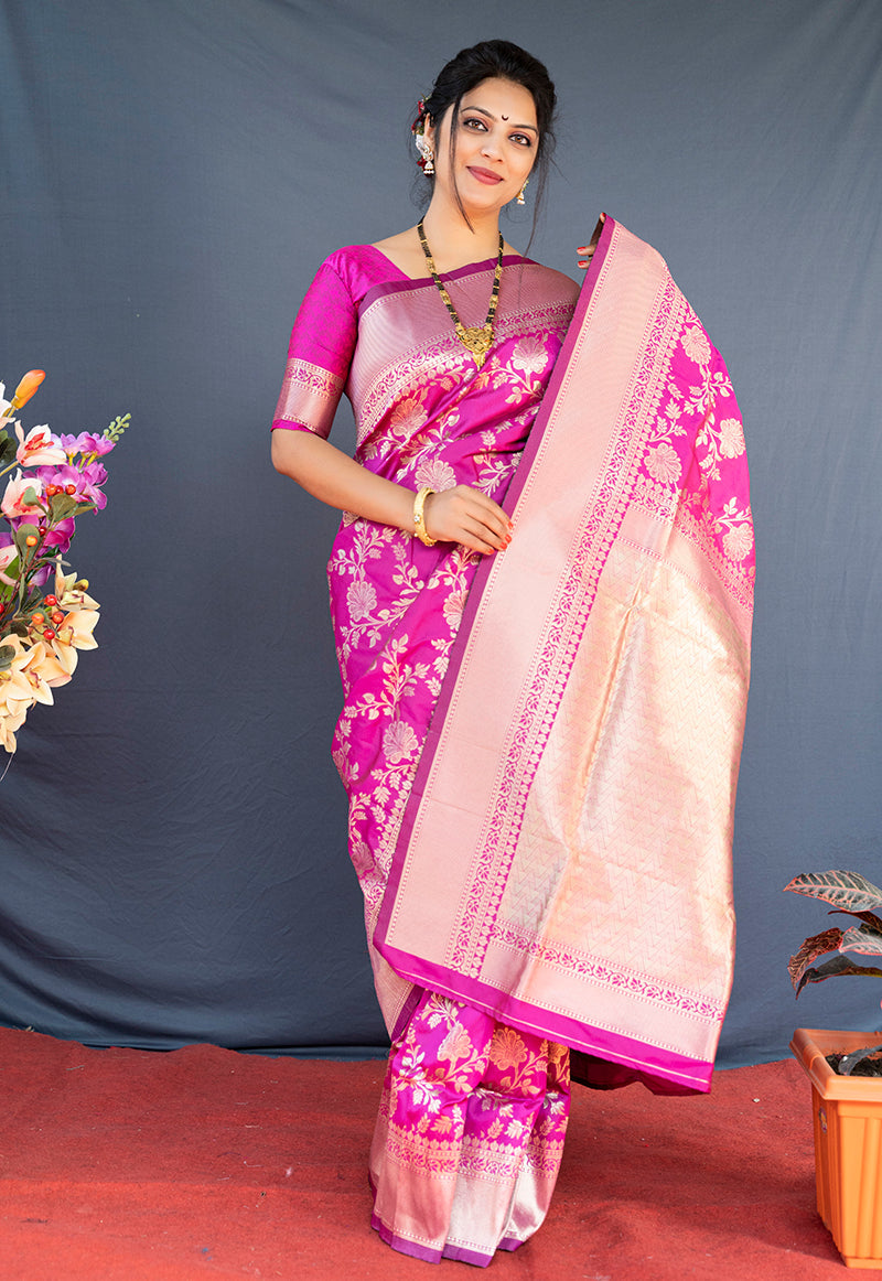 Monjolika Fashion Rani Pink Banarasi Silk Blend Saree With Floral Zari Weaving