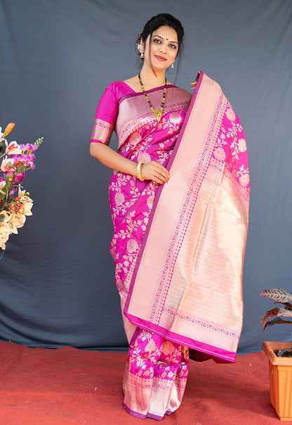 Monjolika Fashion Rani Pink Banarasi Silk Blend Saree With Floral Zari Weaving
