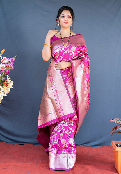 Monjolika Fashion Rani Pink Banarasi Silk Blend Saree With Floral Zari Weaving