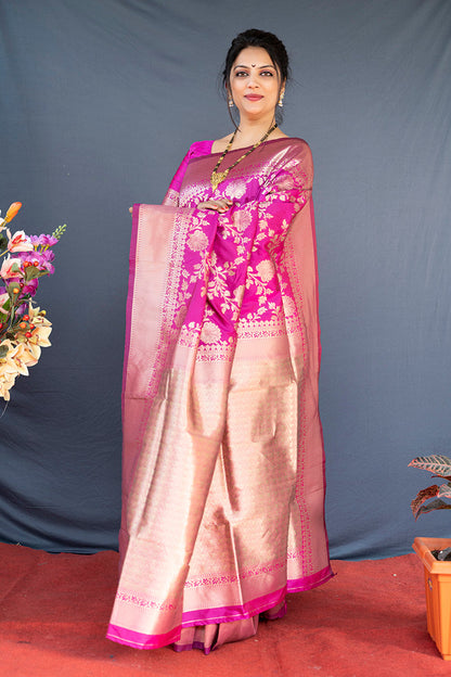 Monjolika Fashion Rani Pink Banarasi Silk Blend Saree With Floral Zari Weaving