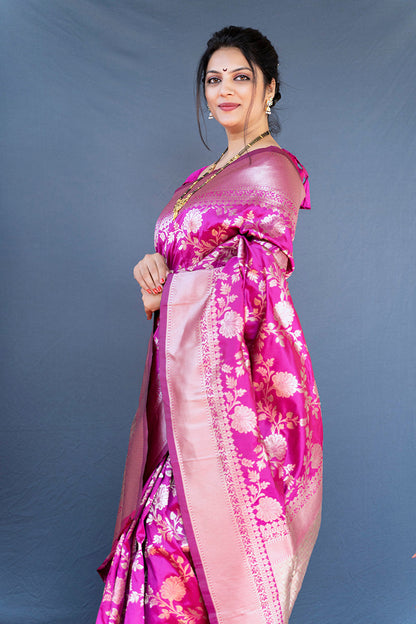 Monjolika Fashion Rani Pink Banarasi Silk Blend Saree With Floral Zari Weaving