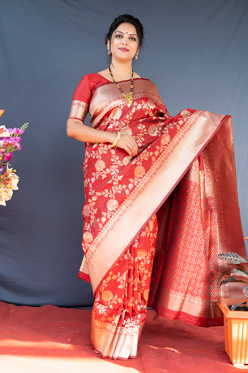 Monjolika Fashion Red Banarasi Silk Blend Saree With Floral Zari Weaving