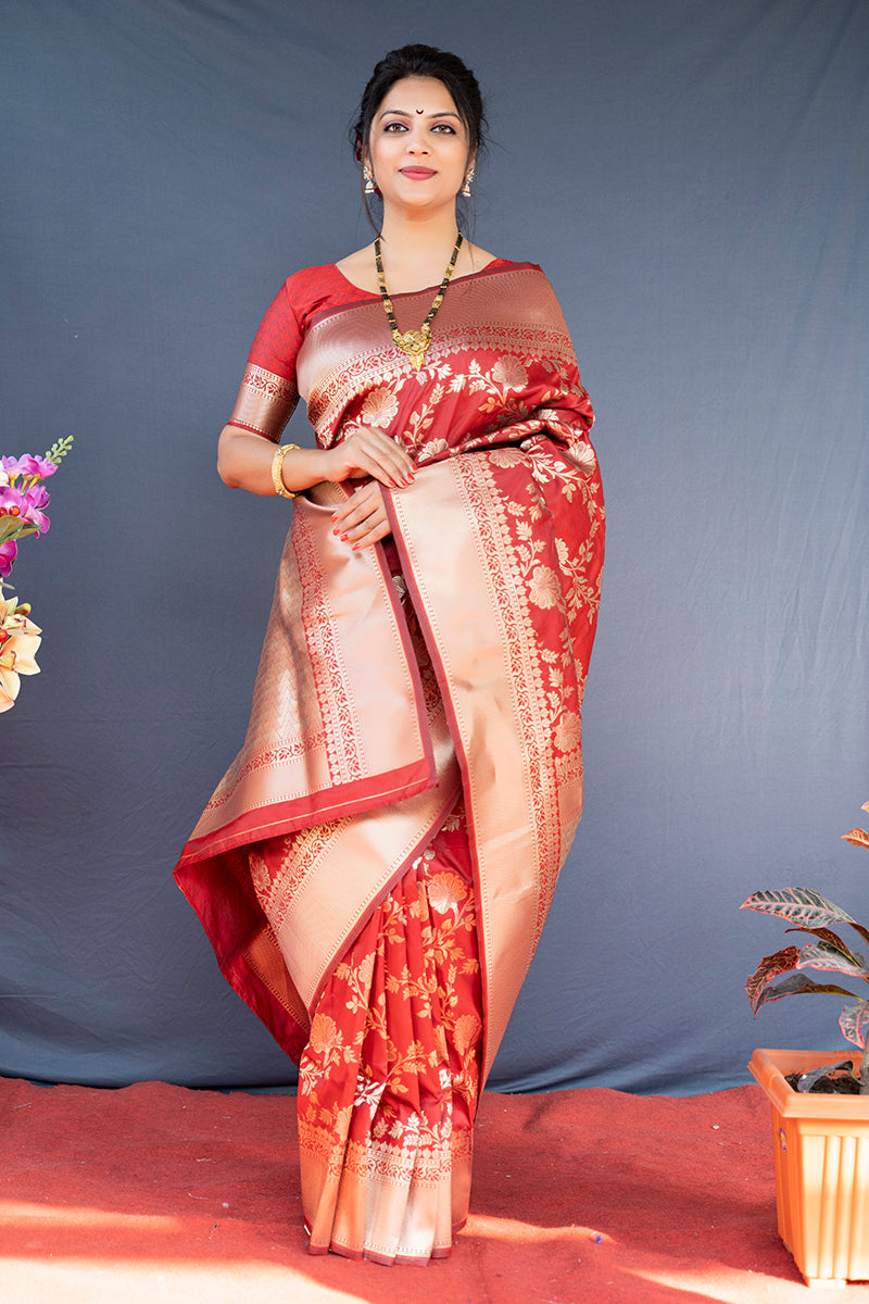 Monjolika Fashion Red Banarasi Silk Blend Saree With Floral Zari Weaving