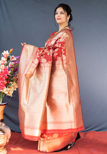 Monjolika Fashion Red Banarasi Silk Blend Saree With Floral Zari Weaving