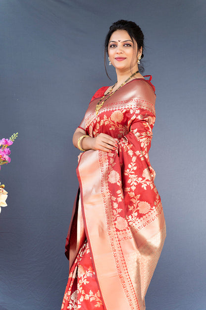 Monjolika Fashion Red Banarasi Silk Blend Saree With Floral Zari Weaving
