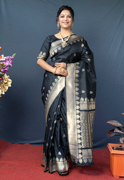 Monjolika Fashion Black Banarasi Silk Blend Saree with Silver Zari Border & Woven Pallu