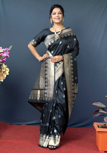 Monjolika Fashion Black Banarasi Silk Blend Saree with Silver Zari Border & Woven Pallu
