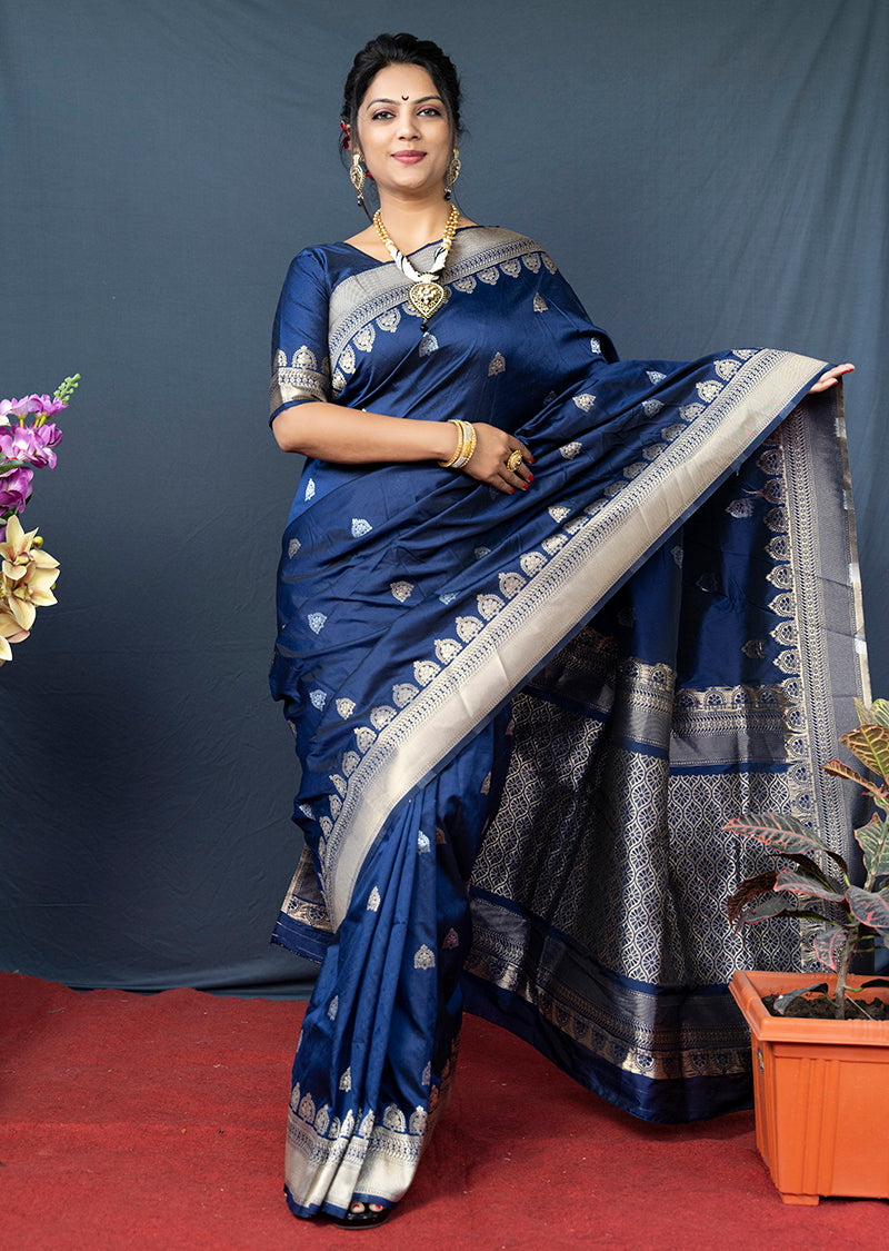 Monjolika Fashion Navy Blue Banarasi Silk Blend Saree with Silver Zari Border & Woven Pallu